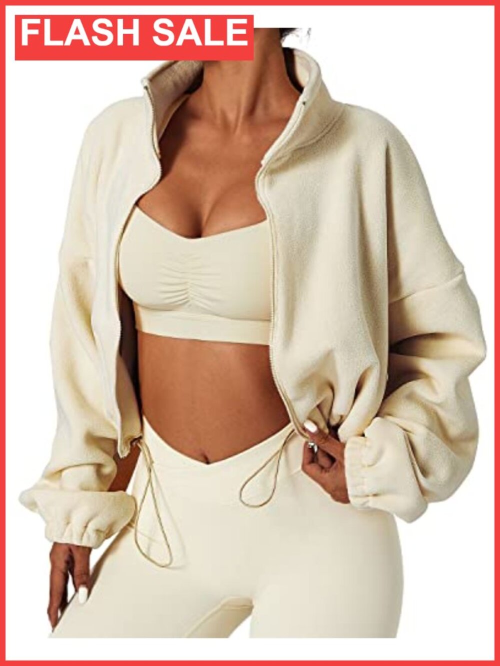 Polar Fleece Full Zip Crop Jacket Warm Winter Long Sleeve Stand Collar